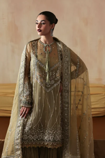 Areezah Festive Women's Ensemble with embroidered Indian tissue shirt and organza dupatta