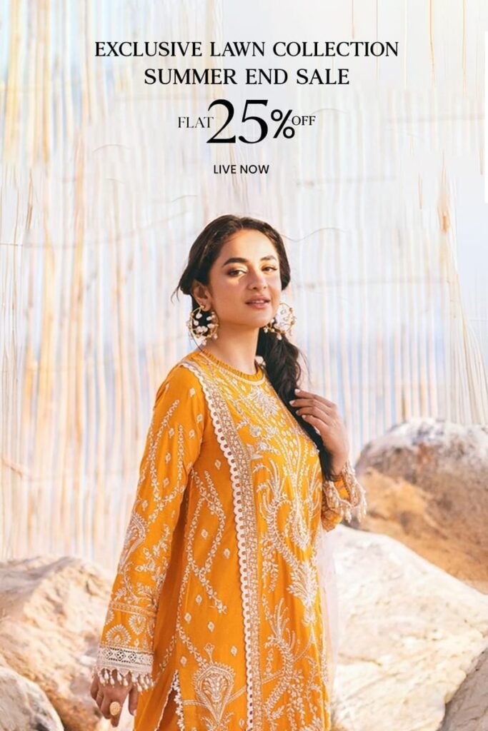 Woman wearing an elegant embroidered Pakistani lawn dress by Mazheen