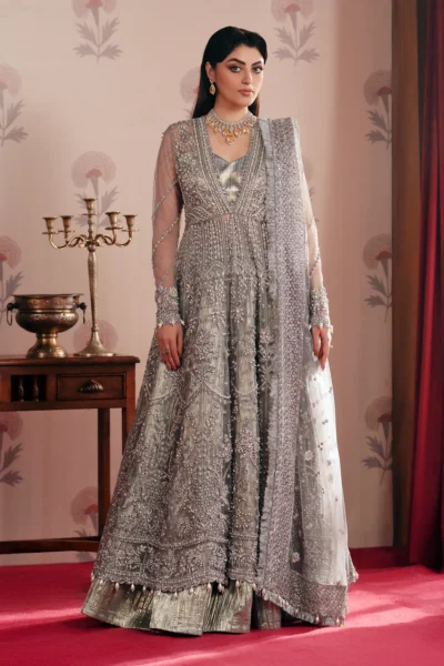 Shahana embroidered net outfit with embellished bodice and dupatta