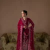 Poise embroidered chiffon formal suit with raw silk pants