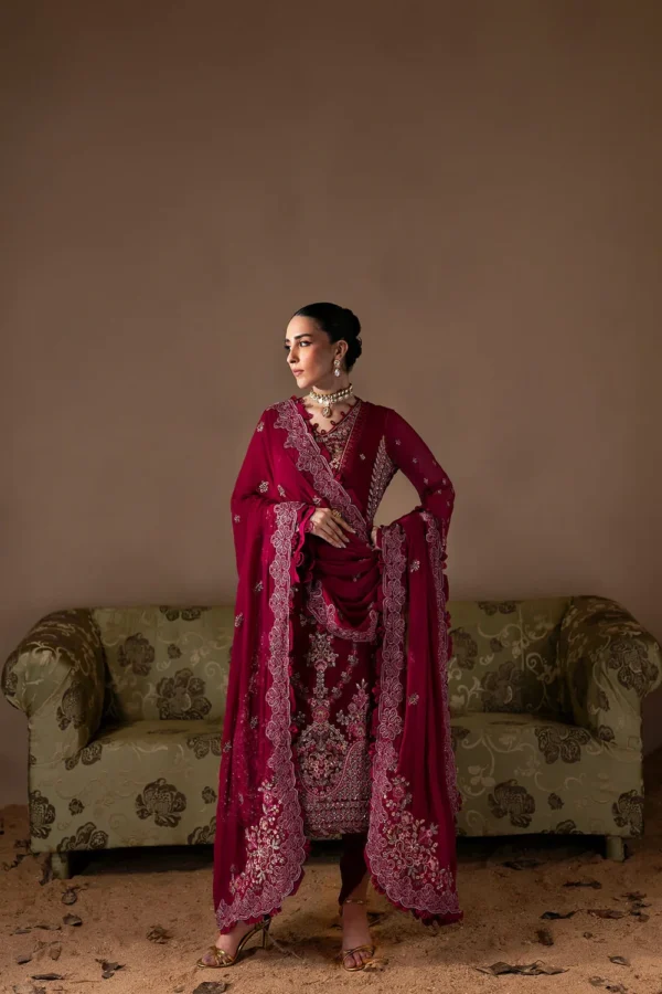Poise embroidered chiffon formal suit with raw silk pants