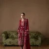Poise embroidered chiffon formal suit with raw silk pants