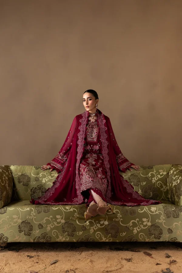 Poise embroidered chiffon formal suit with raw silk pants
